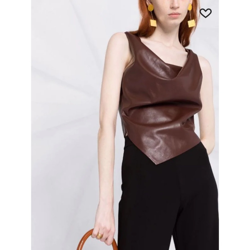 NWT Nanushka Petra Draped Sleeveless Asymmetrical Tank Top Brown Vegan Leather